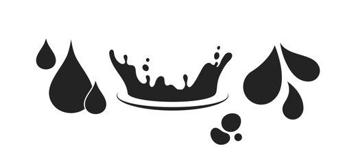 Set of water drop silhouettes. Stickers with liquid aqua splashes. Puddle or spray. Design element for icons. Flat black and white vector illustration collection isolated on background