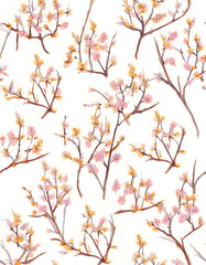Seamless floral pattern showcasing delicate peach branches in bloom, perfect for spring designs