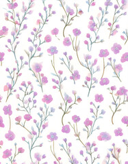 Delicate purple flowers blooming across white surface, forming seamless decorative pattern suitable for textile, wallpaper, design backgrounds