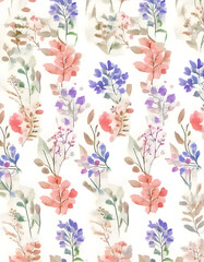 Seamless watercolor floral pattern with pink and purple flowers, creating a delicate and romantic design
