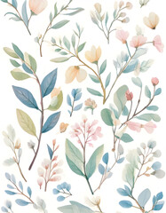 Seamless pattern with delicate flowers and leaves, creating a spring atmosphere