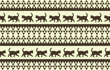 Vector seamless pattern with cat silhouettes and tribal geometric motifs. Monochrome design. Use this pattern for creating pet themed designs, textile prints, packaging, and more. Perfect for cat love