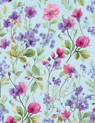 Fototapeta premium Colorful blossoms repeating across pastel blue watercolor style surface