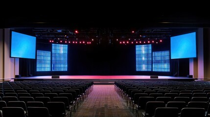 Naklejka premium Empty Stage With Red And Blue Lighting And Two Large Screens In Front Of Black Chairs