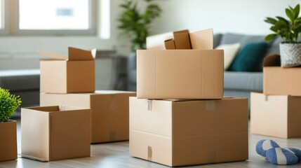 A collection of cardboard boxes stacked together in a living room setting, ready for packing or unpacking.