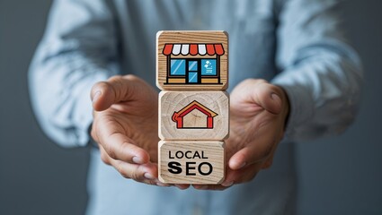  Man holding wooden cubes with icons and inscription LOCAL SEO. Local search marketing e-commerce. Concept of local seo strategy,