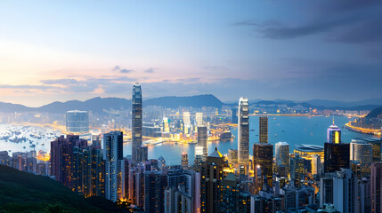 Fototapeta premium Panoramic Twilight View Of Hong Kong Cityscape With Illuminated Skyscrapers And Victoria Harbour From Victoria Peak