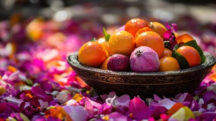 Fresh tropical fruits with water droplets, surrounded by colorful petals, celebrating Thai Songkran Festival's vibrant and festive spirit.