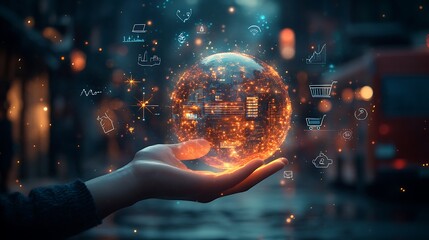 human hand with globe and binary code