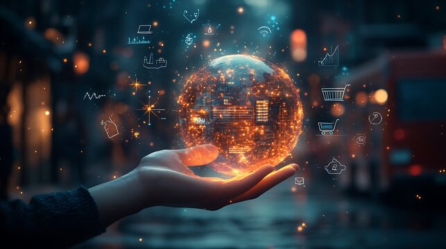 human hand with globe and binary code