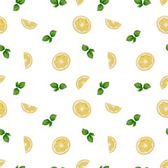 Vibrant summer fruit pattern featuring fresh lemons and mint leaves on white background