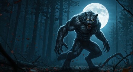 Fototapeta premium A menacing werewolf prowls through a dark forest under a full moon, creating an eerie atmosphere