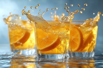 Vibrant Orange Juice Splash in Glasses Collection with Dynamic Flowing Drops and Isolated Bright White Background
