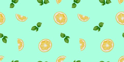 Bright and cheerful summer seamless pattern featuring vibrant lemon slices and fresh mint leaves