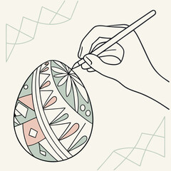 Creative line illustration showing hand painting Easter egg painting activity perfectly blends eco style handmade concept capturing holiday tradition stylish minimalist egg painting design.
