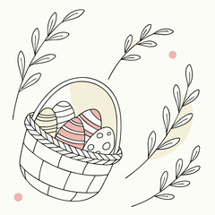 Stylish simple line illustration showing festive basket with eggs branches elegant minimalist drawing of easter holiday spring tradition celebration decorative elements conveying easter spirit.