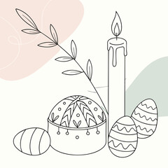 Minimalist artistic illustration captures easter vibe featuring decorated eggs candle branch combines eco style and holiday tradition easter inspiration promoting natural cozy easter decor.