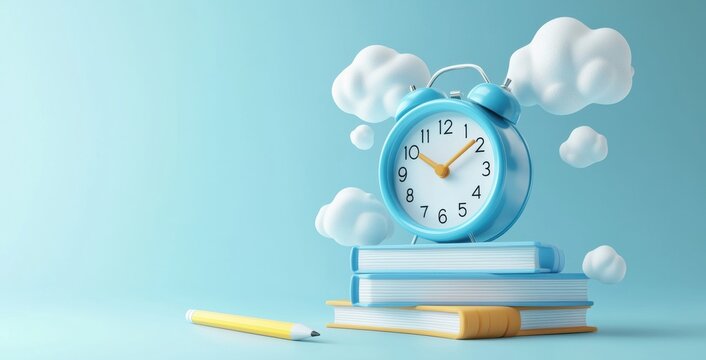 Blue alarm clock on stacked books surrounded by floating white clouds