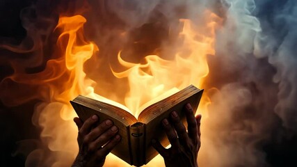 Hands holding a Bible the Word of God with fire and smoke effects 4K