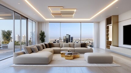 Scandinavian high tech Hollywood living room, sleek neutral walls, plush sectional, floating gold accents, sculptural ceiling lights, city skyline reflections