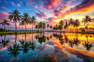 Tranquil Palm Tree Reflections, Vibrant Tropical Sky, Urban Exploration