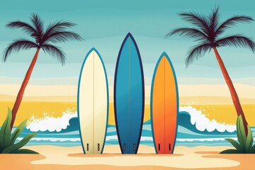 Happy summer beach fun and lifestyle. Colorful surfboards on a tropical beach with palm trees and waves in the background.