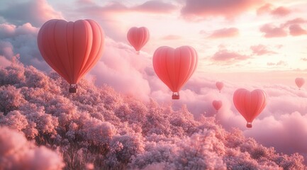 Fototapeta premium Heart Shaped Hot Air Balloons in Pastel Pink Sky Minimalist 3D Artwork for Valentine's Day Event