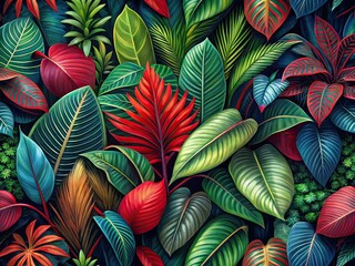 Tropical Leaves Panoramic Red Green Navy Blue AI Photo
