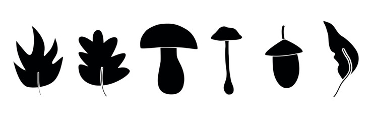 Obraz premium Black botanical silhouettes of leaves, mushrooms, and an acorn. Nature elements for minimalist design, stickers, patterns, or logos. Rustic and organic style.Forest ecosystems.Eco-themed graphics