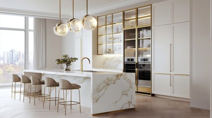 Scandinavian neoclassical Hollywood kitchen, ivory cabinetry, brass framed glass cabinets, marble island with gold veins, sculptural pendant light