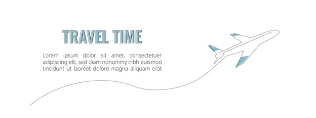 One continuous line drawing of an airplane. Travel time, a travel concept banner. Editable stroke, simple doodle design, vector illustration
