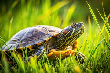 Fototapeta premium Turtle Walking in Grass - Side View Portrait Photography
