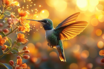 Fototapeta premium Hummingbird Feeding on Tropical Flowers in Rainforest at Golden Hour