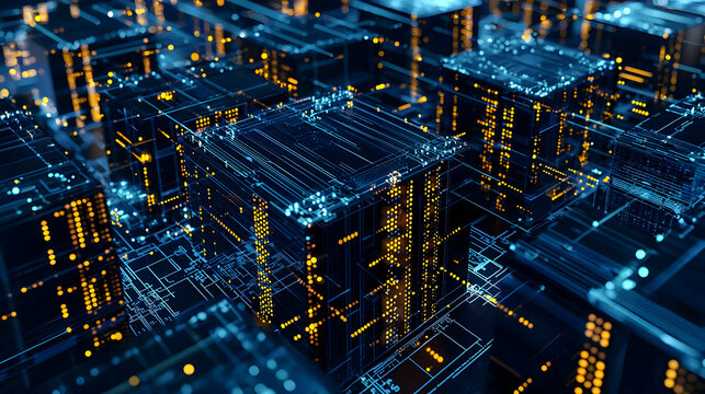 3D Render Of Futuristic Cityscape With Interconnected Glowing Blue And Gold Data Blocks Representing Digital Network