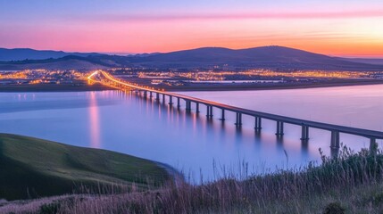 Serene twilight view of a long bridge over water, with city lights reflecting in the calm surface