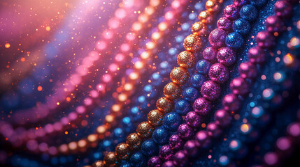 Abstract background with several rows of sparkling balls, iridescent shades of gold, blue and purple.