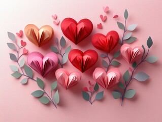 Romantic paper hearts on pastel pink background for Valentine's Day wedding anniversary with red and pink origami hearts flying and gentle copy space