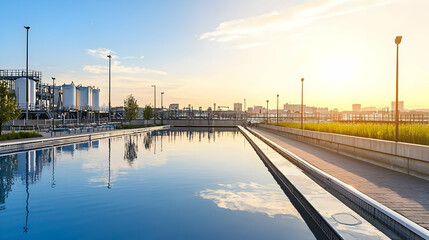 Industrial Plant At Sunset With Water Reflection In Foreground And Urban Cityscape