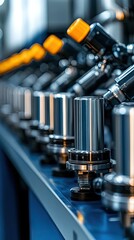 Naklejka premium Robotic arms assemble holographic car models while data streams display real-time quality metrics in a futuristic manufacturing plant