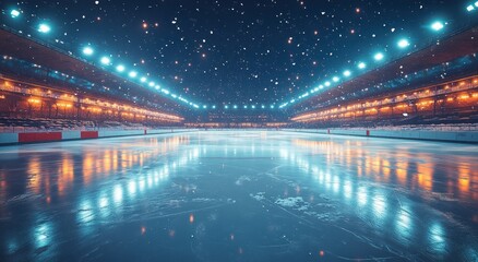 Professional Ice Hockey Rink Stadium Under Vibrant Lights Dynamic Color Pallete Reflections Snow Particles