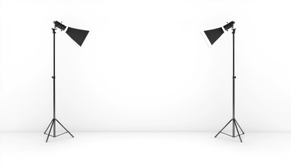 Photo of a photo studio with two light stands on the sides against a white background, creating soft lighting for product photography.