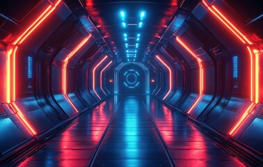 Naklejka premium Futuristic Sci-Fi Chamber with Neon Lights and Metallic Surfaces for Product Showcase