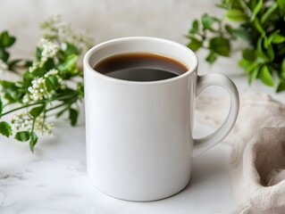 White Ceramic Coffee Mug on Bright Background with Smooth Surface and Morning Drink Concept