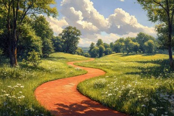 Obraz premium Vibrant Running Track in Nature Surrounded by Meadow and Trees for Athletics and Fitness