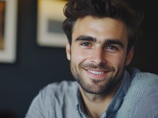 Obraz premium A bearded man is seen smiling brightly at the camera, showcasing his cheerful demeanor. He appears to be in a café setting, with a coffee shop background featuring wooden tables and a warm atmosphere.