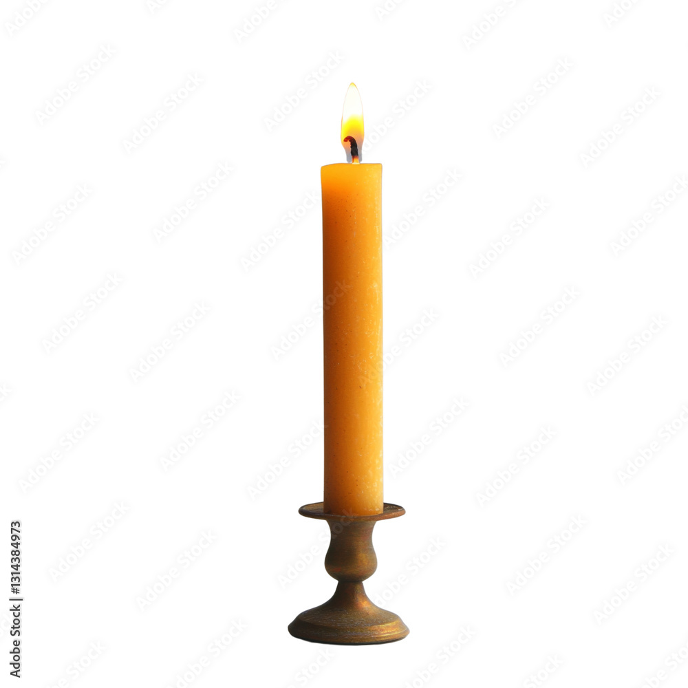 Poster tall, orange candle burns brightly in vintage holder, creating warm and inviting atmosphere. flicker