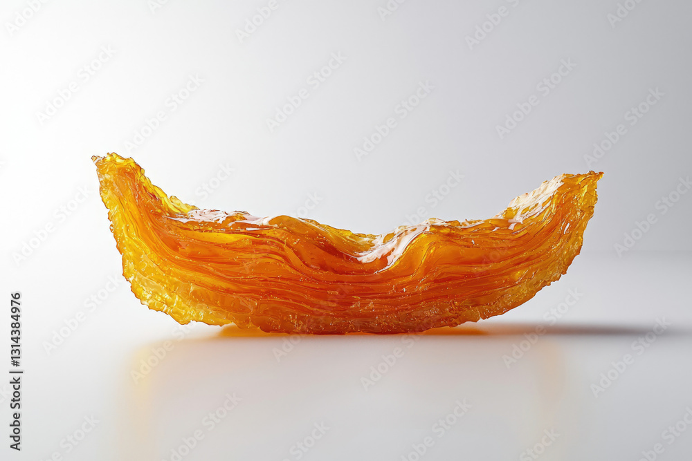 Poster a translucent amber-colored object, layered and undulating like a wave or geological formation.
