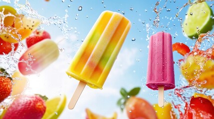 Juicy Popsicles Amid Dynamic Fruit Splash In Blue
