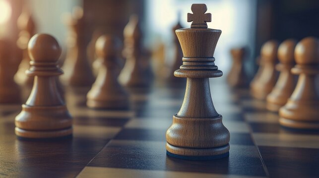 A high-resolution photo of a chessboard with two sets of pieces, ready for a match. The image is taken in close-up, emphasizing the details of the pieces and the board itself.