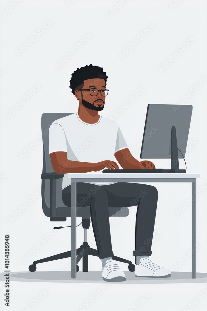 Poster man working at a desk with computer in a minimalist workspace